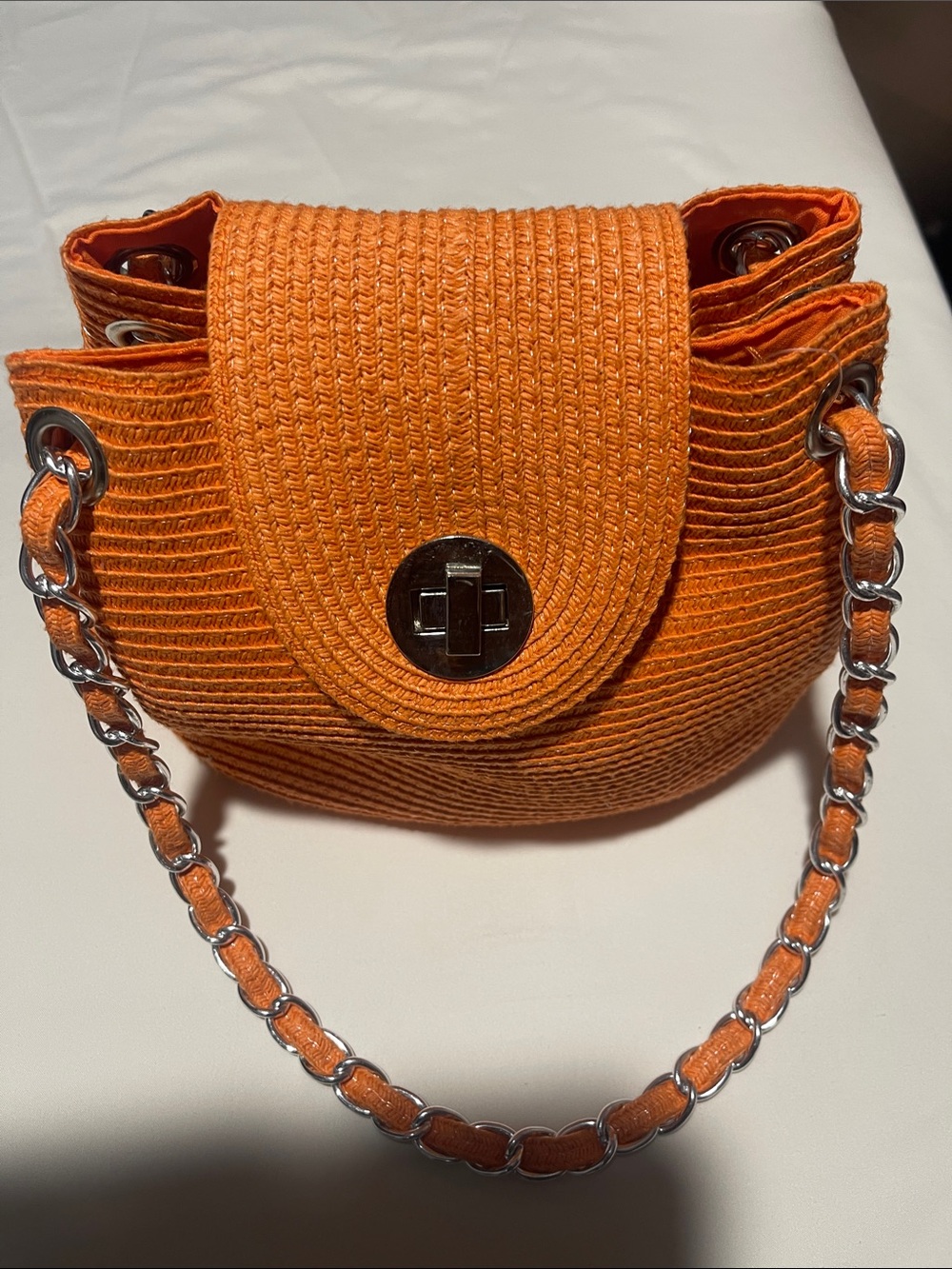 Magid Orange Woven Shoulder Bag with Silver Chain